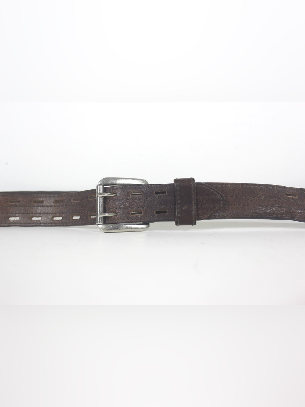 Up to 48” Distressed Brown Leather Belt with Removable Double Prong Buckle Worn